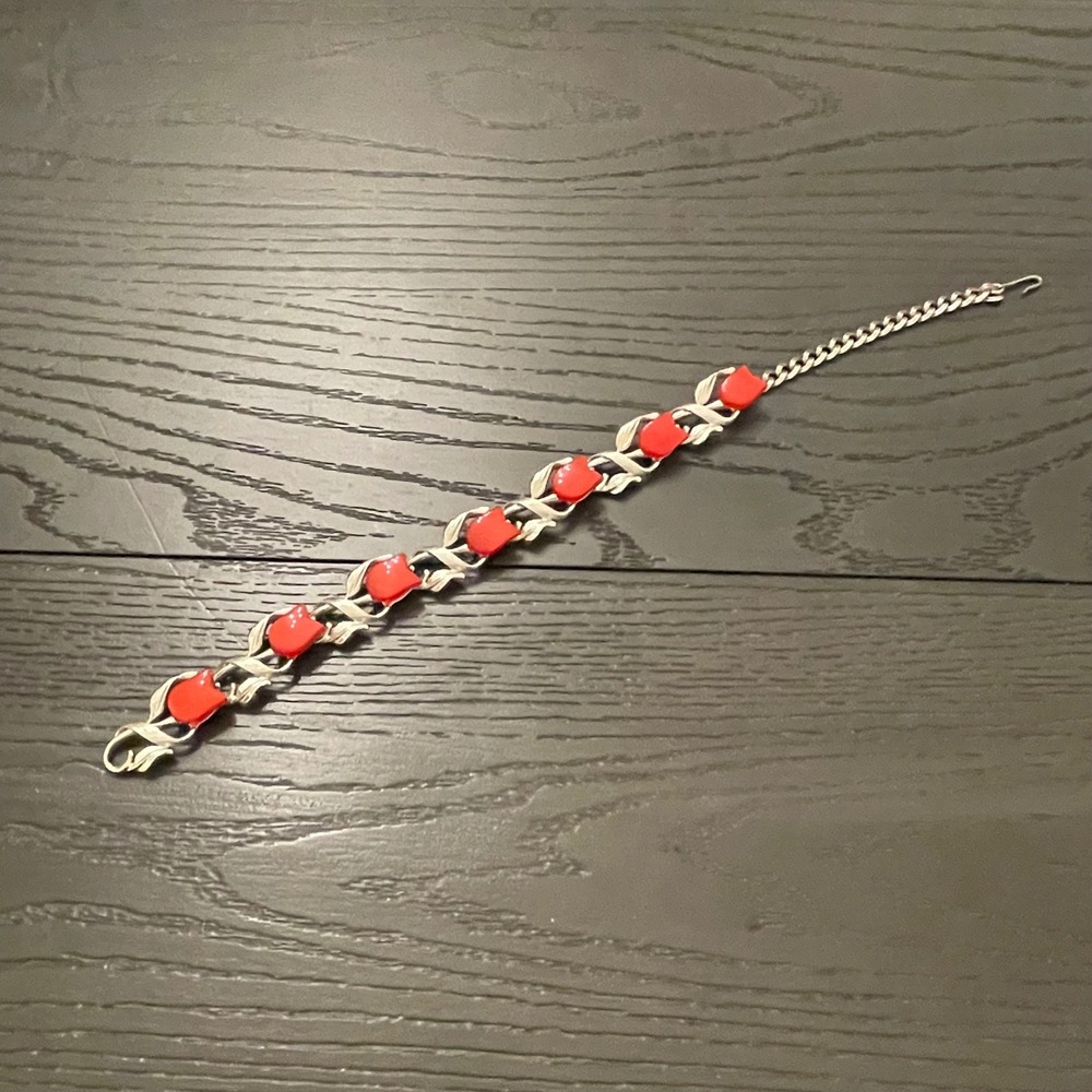 Vintage Star Silver Tone Red Roses Chain Clasp Women Choker